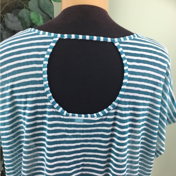 Lane Bryant size 14/16 turquoise ish blue striped v neck short sleeve top - Picture 3 of 16